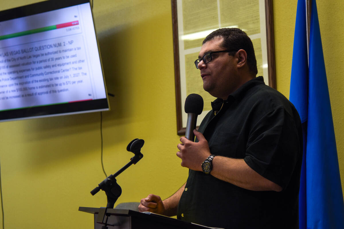 Nye County Republican Central Committee Chairman, Leo Blundro, speaks about the results at the ...