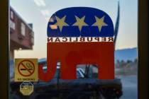 A Republican elephant on the door of the Nye County Republican Central Committee headquarters w ...