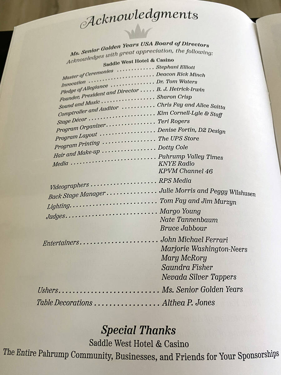 Robin Hebrock/Pahrump Valley Times A full page in the pageant booklet was dedicated to acknowle ...