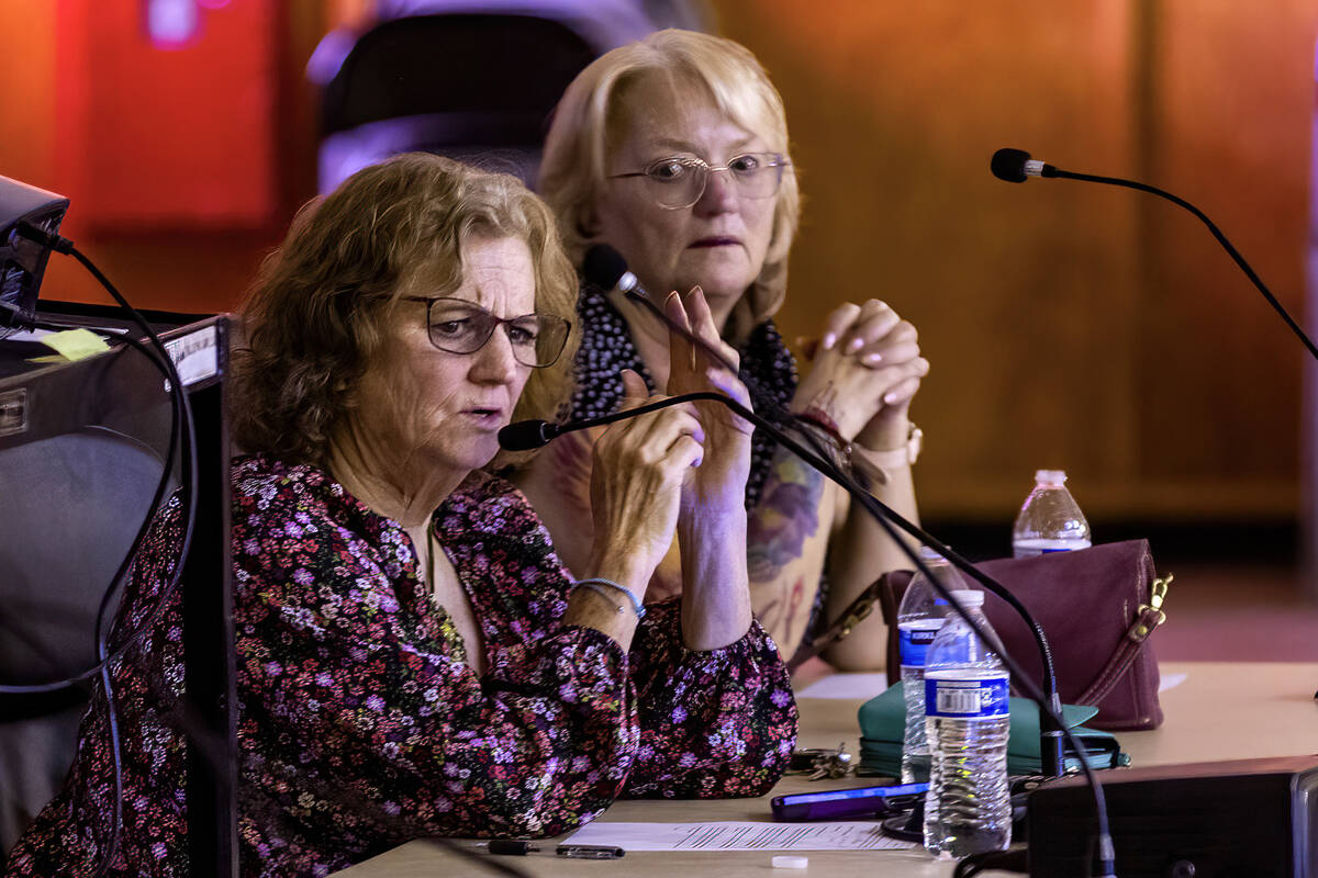 Amargosa Valley Town Board Chair Carolyn Allen, left, comments as Rover Critical Minerals CEO J ...