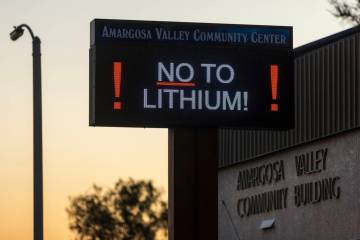 A sign outside the Amargosa Valley Community Building as Rover Critical Minerals hosts a town h ...