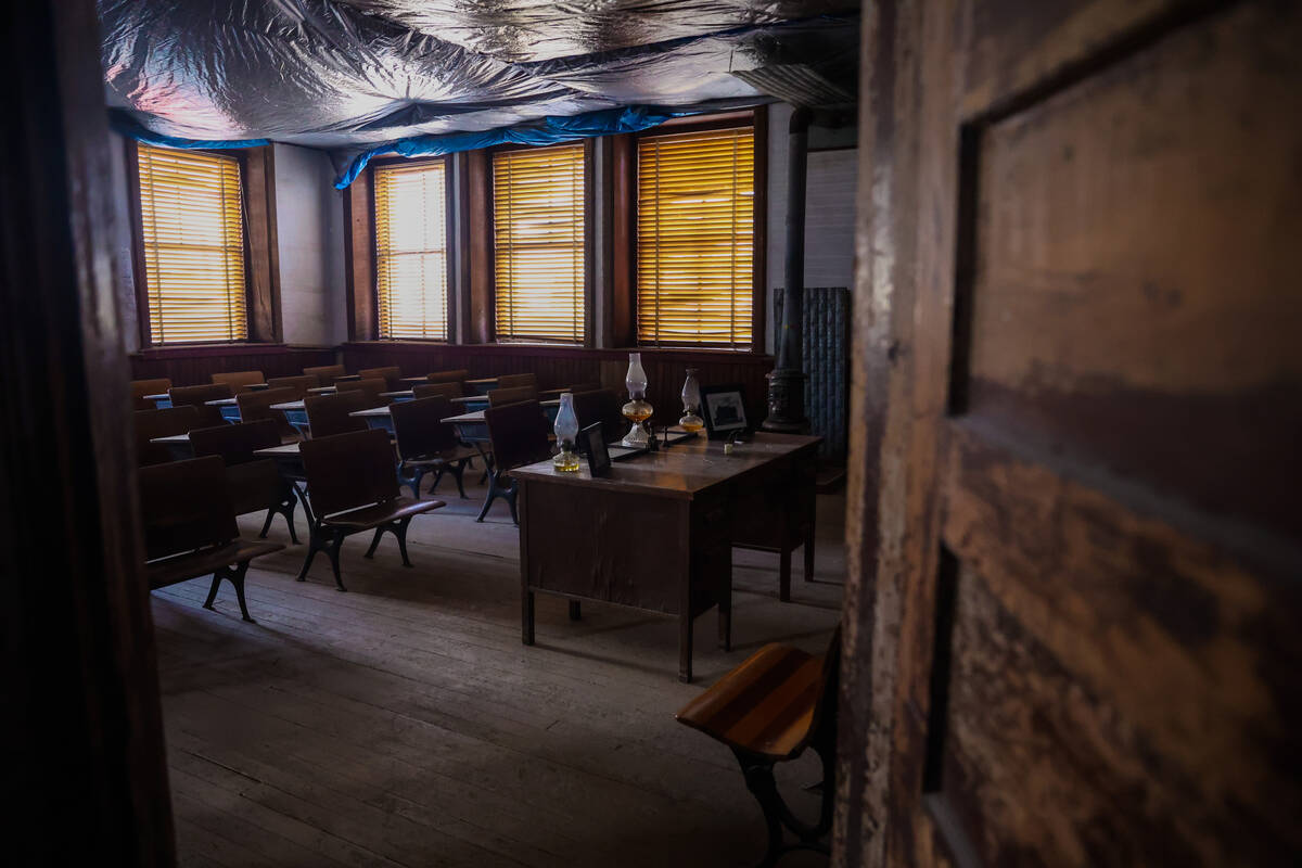 A classroom is seen inside of the Goldfield High School during Goldfield Days on Saturday, Aug. ...