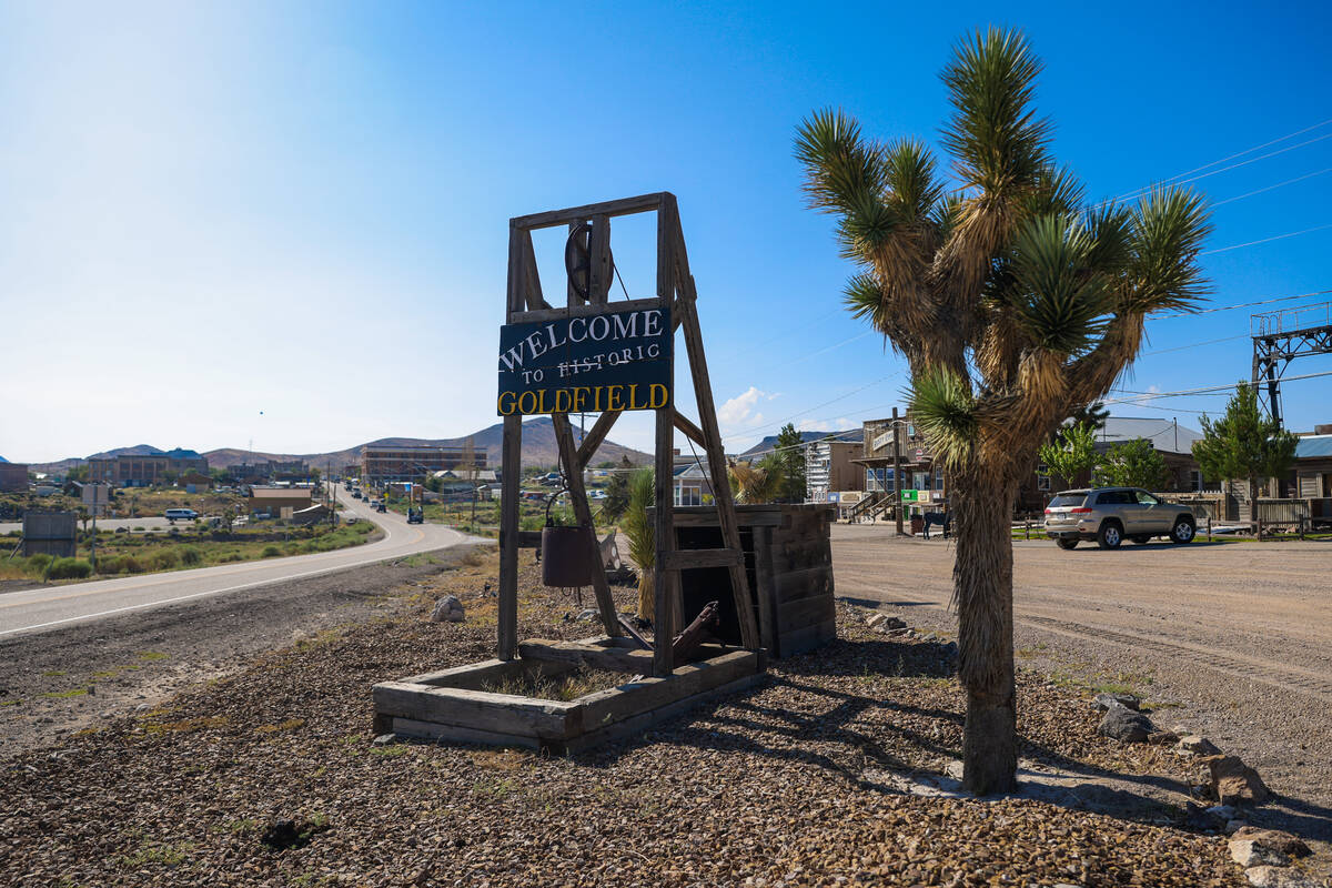 The Welcome to Goldfield sign is seen during Goldfield Days on Saturday, Aug. 3, 2024, in Goldf ...