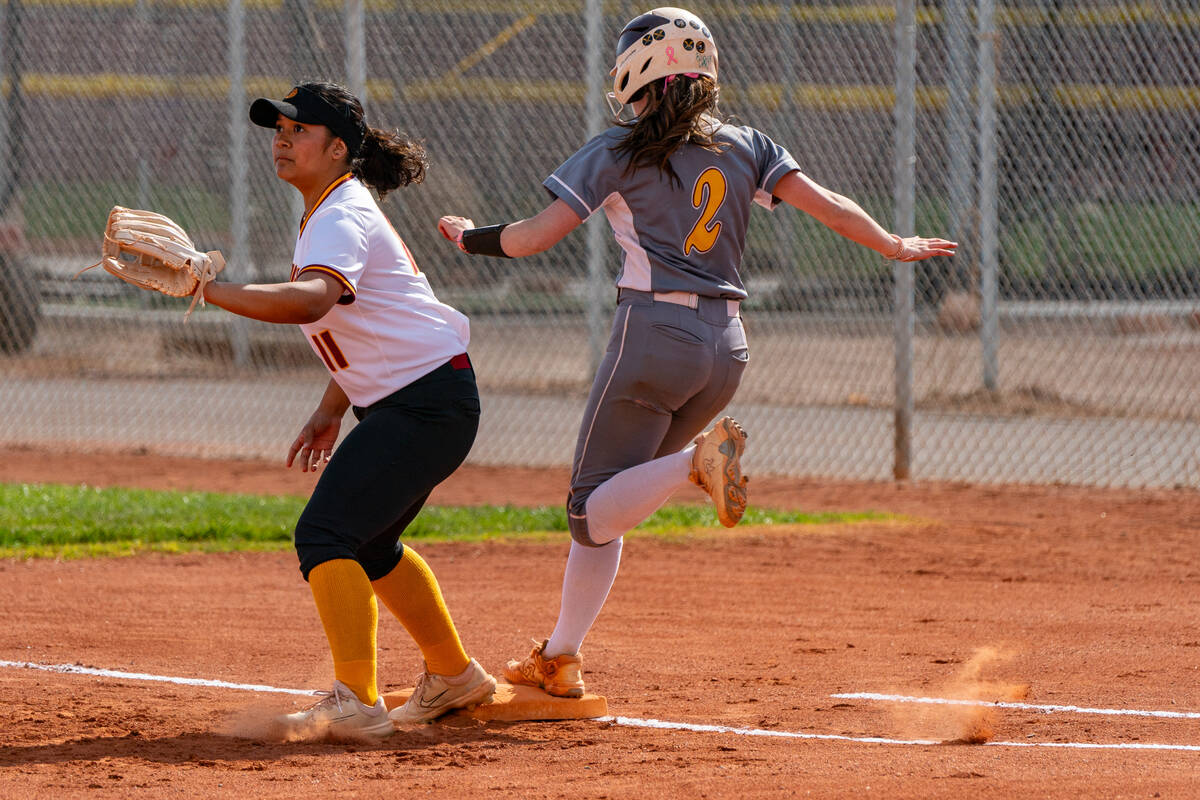 Pahrump Valley’s Catalena Sandoval (No. 2) runs to first base in a game against Del Sol, wher ...