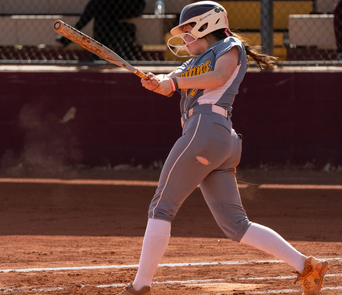 Pahrump Valley’s Catalena Sandoval #2 hits the ball to Del Sol, where the Trojans defeat ...