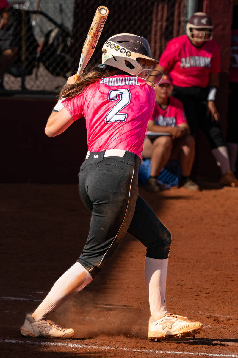 Pahrump Valley’s Catalena Sandoval #2 sets up to bat against SLAM, where the Trojans def ...