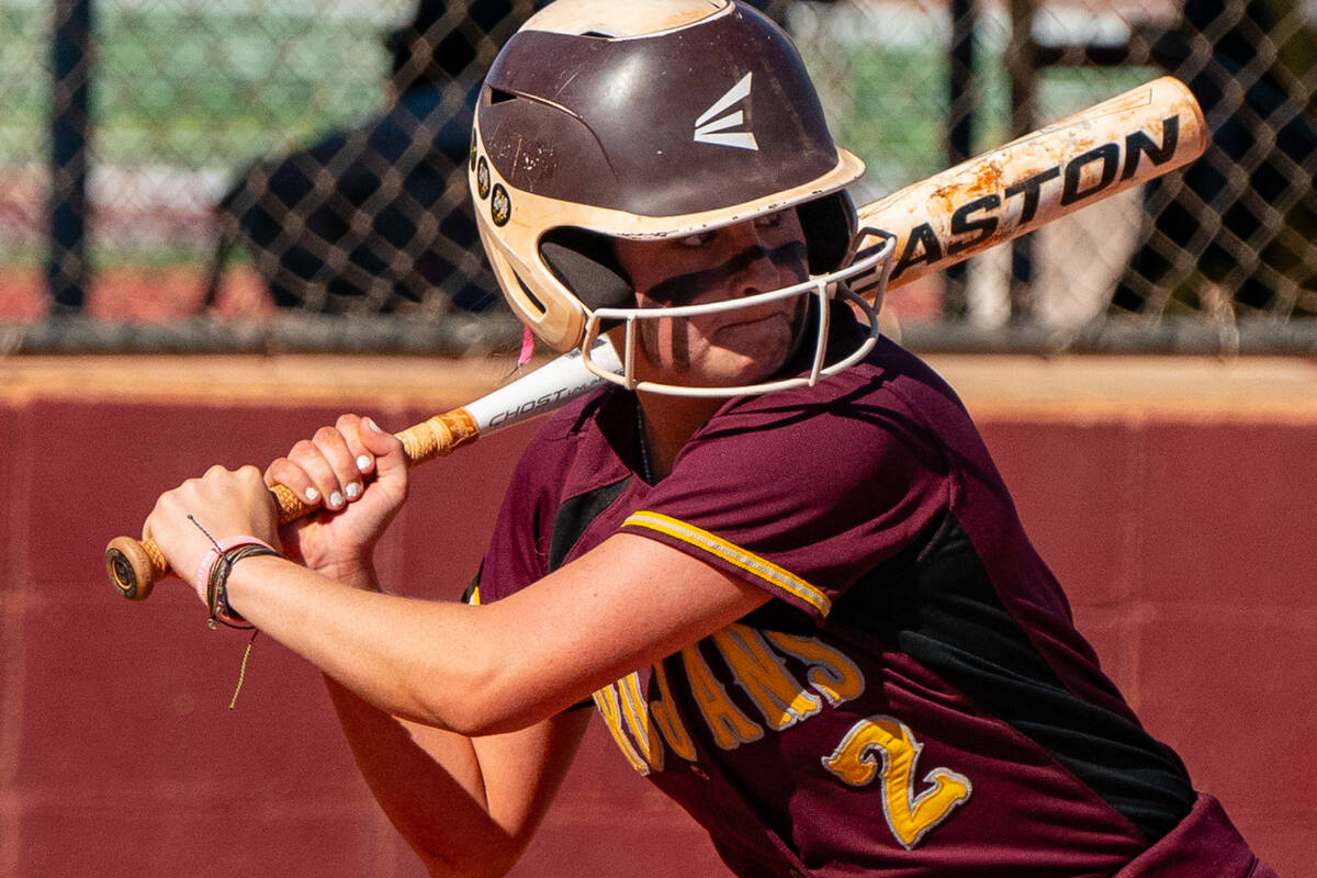 Pahrump Valley’s Catalena Sandoval #2 sets up to bat against Western, where the Trojans ...