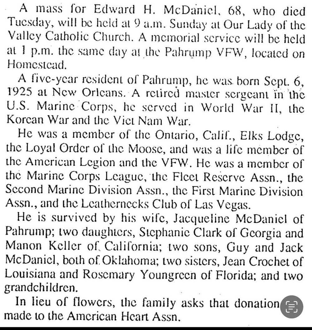 Special to the Pahrump Valley Times An obituary offers some details on Edward McDaniel but the ...