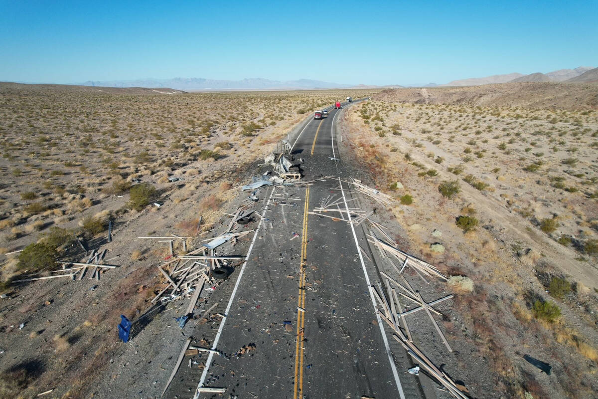 The Nevada Highway Patrol investigates a crash involving two semitractor-trailers Tuesday, Sept ...