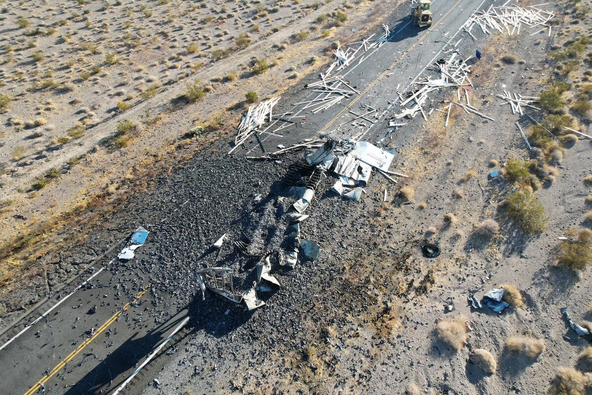 The Nevada Highway Patrol investigates a crash involving two semitractor-trailers Tuesday, Sept ...