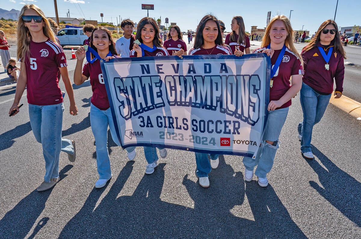 John Clausen/Pahrump Valley Times The Pahrump Valley High School Trojans Girls Soccer team cele ...