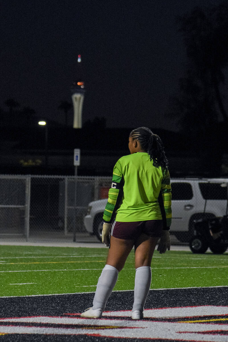 Pahrump Valley’s Madison Williams Mendenhall (12) watches her teammates attempt to score ...