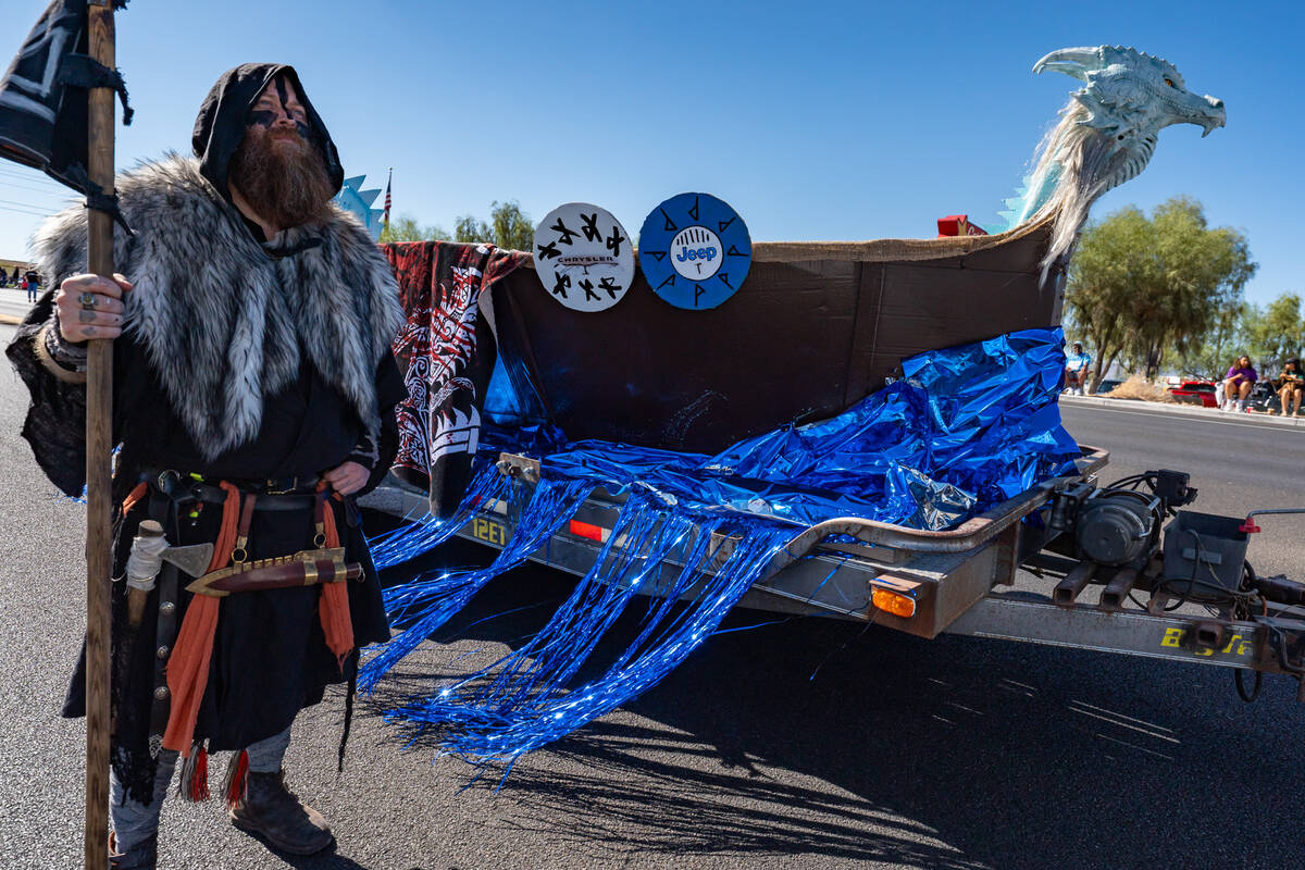 John Clausen/Pahrump Valley Times A Viking marches alongside his longship in the Pahrump Fall F ...