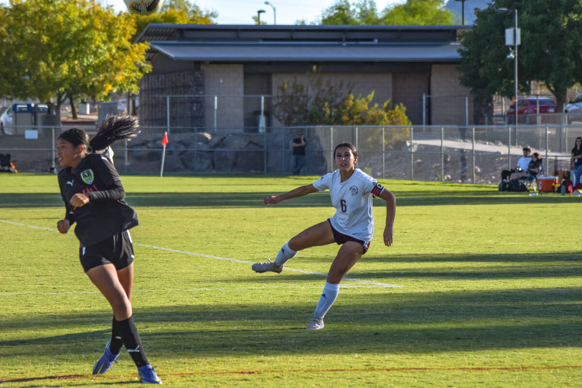 Trojans Natalia Vallin (6) takes a shot at goal that would be caught by SLAMs goalkeep on Wedne ...