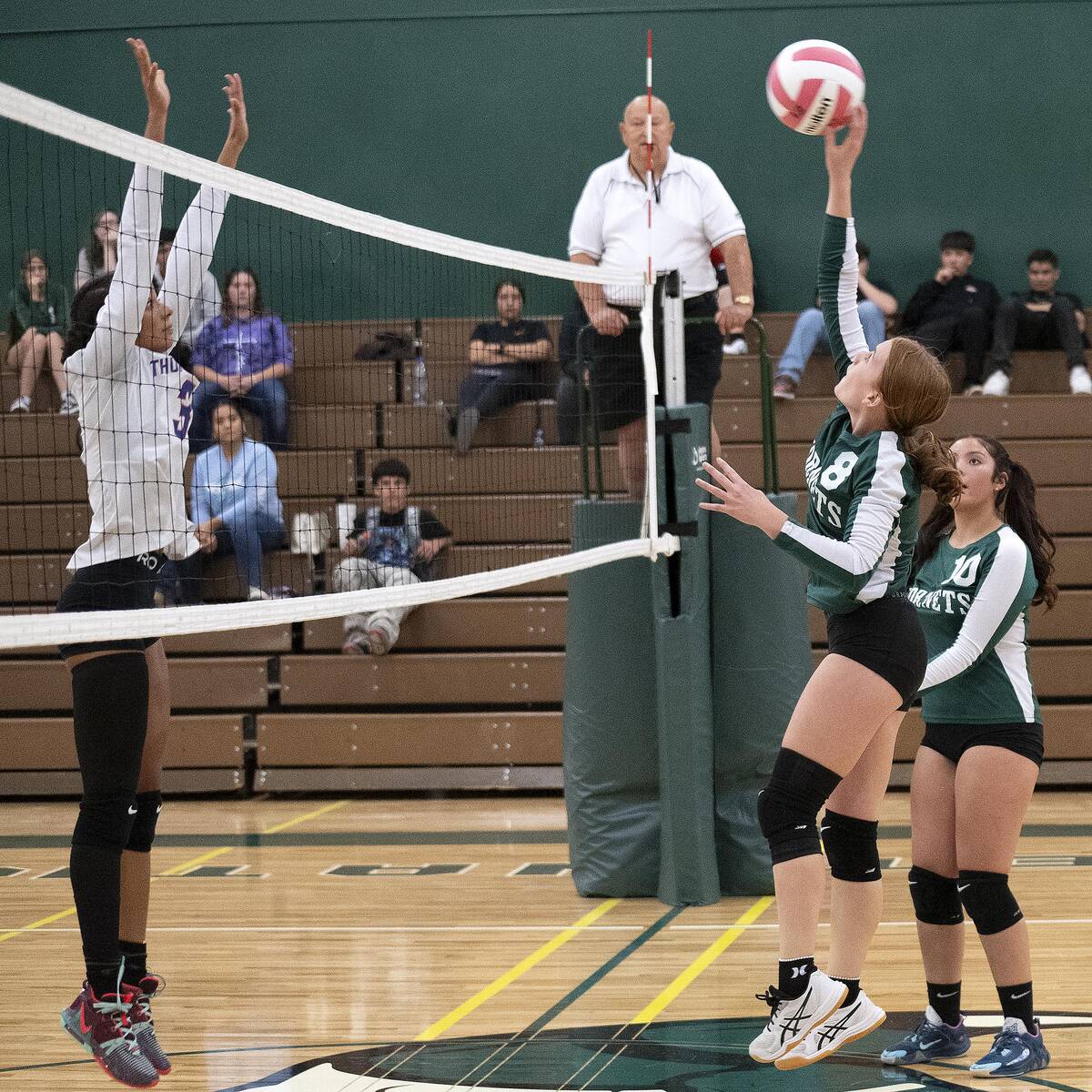 Beatty Hornet Julianne Lindsey spikes the ball toward the Indian Springs side of the court on M ...