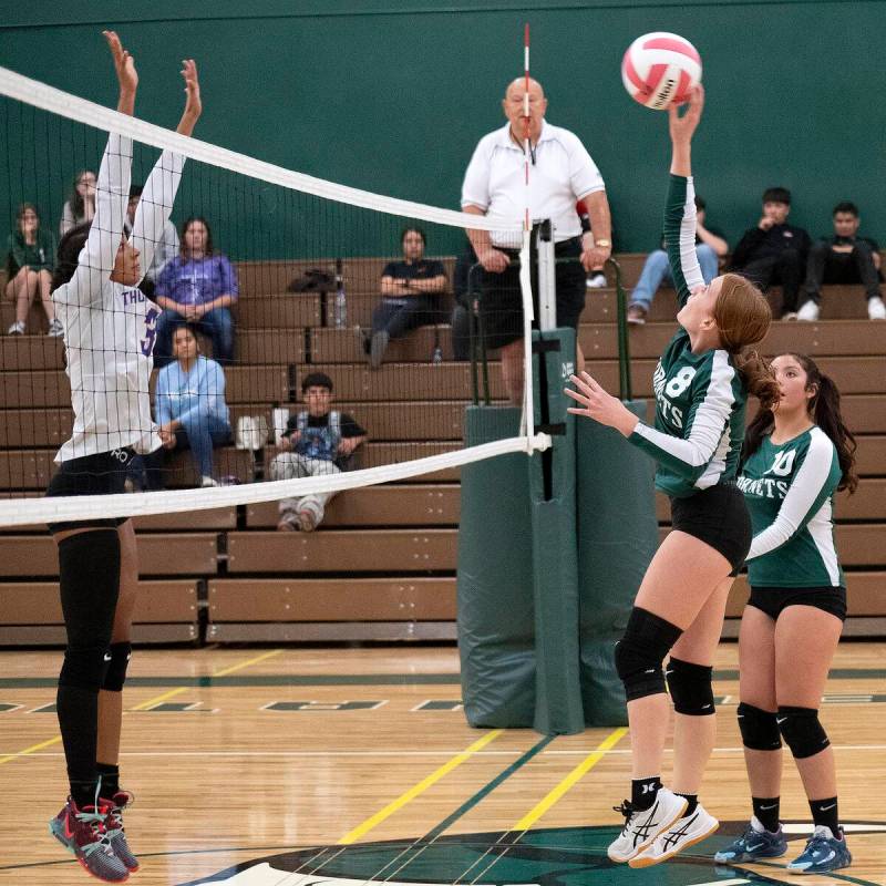 Beatty Hornet Julianne Lindsey spikes the ball toward the Indian Springs side of the court on M ...