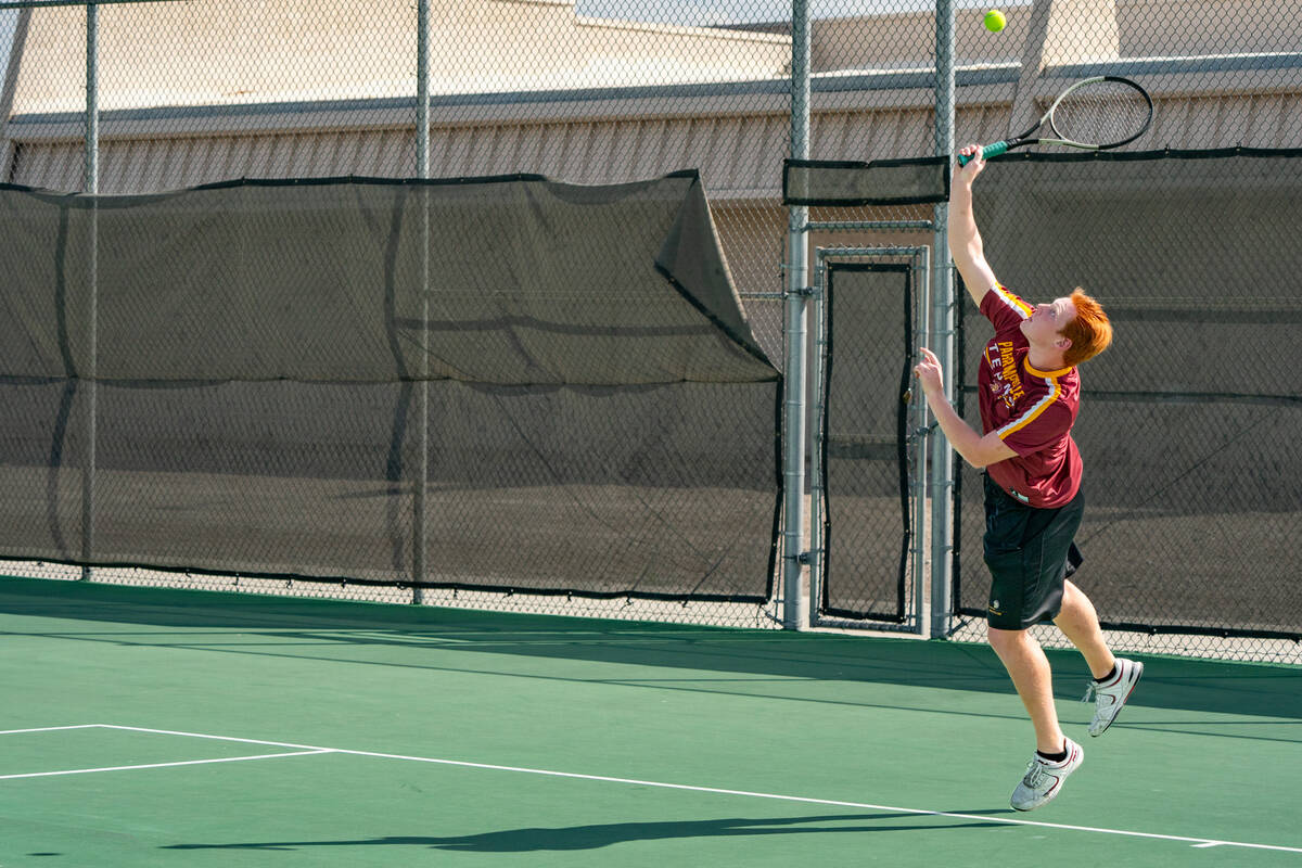 Pahrump Valley Sonny Skinner jumps to spike the ball against Sloan Canyon in the 3A Southern re ...