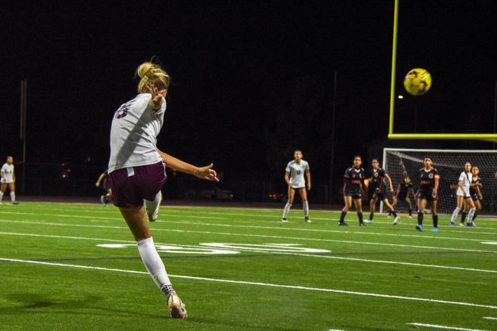 Trojan’s Khylarann Park (5) kicks the ball after the Chaparral Cowboys were given a foul ...