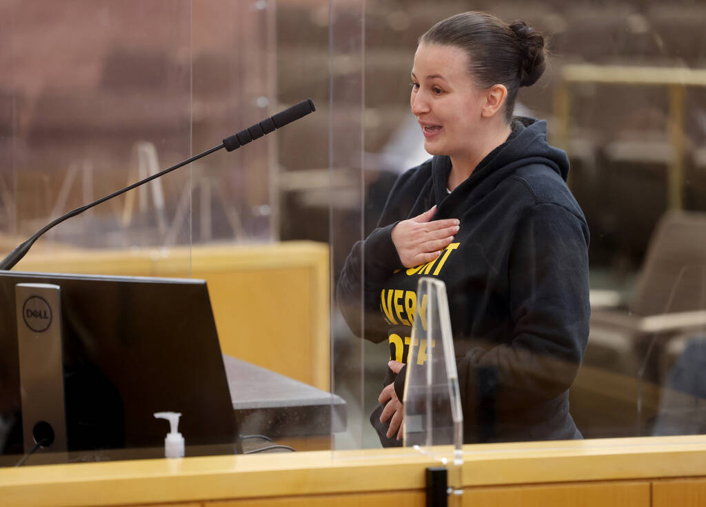 FILE - Sadmira Ramic with the ACLU of Nevada speaks during a Clark County Commission meeting at ...