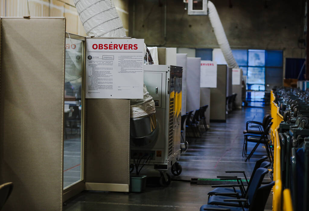 The area for observers to watch the basic inspection and preparation of ballots for tabulation ...