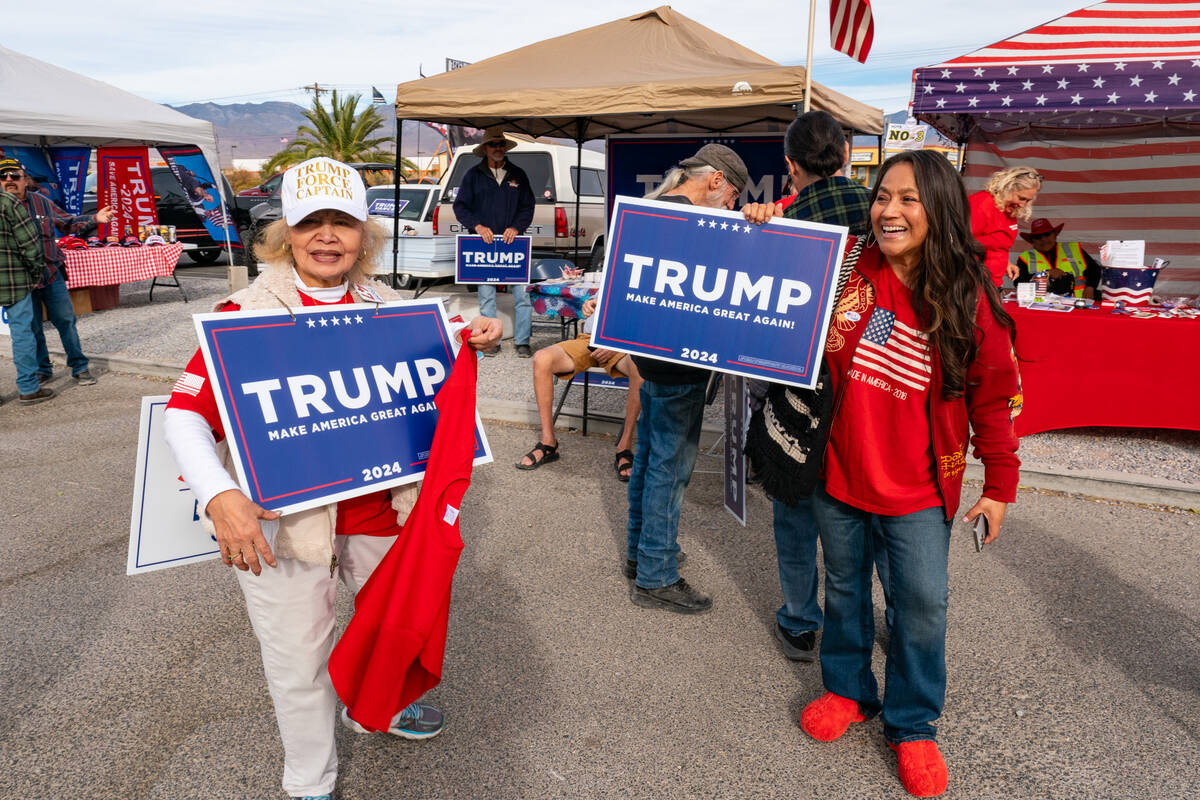 John Clausen/Pahrump Valley Times Voters demonstrate their support for Donald J. Trump outside ...