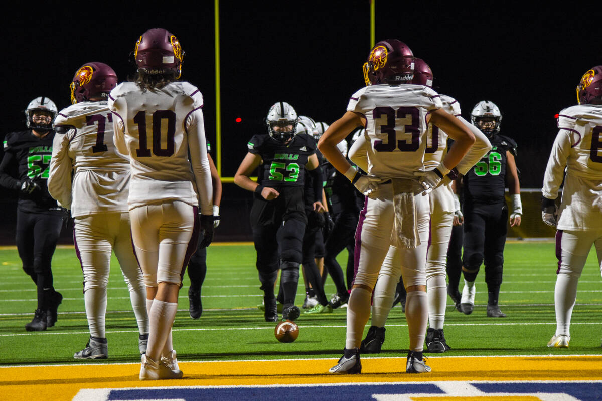 Pahrump Valley's defense attempts to stop SLAM from scoring in the NIAA Class 3A Football South ...