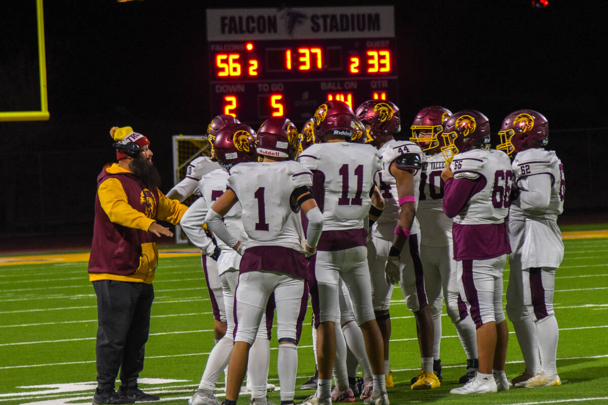 Pahrump Valley’s defense gets ready to play their final minutes of the NIAA Class 3A Foo ...