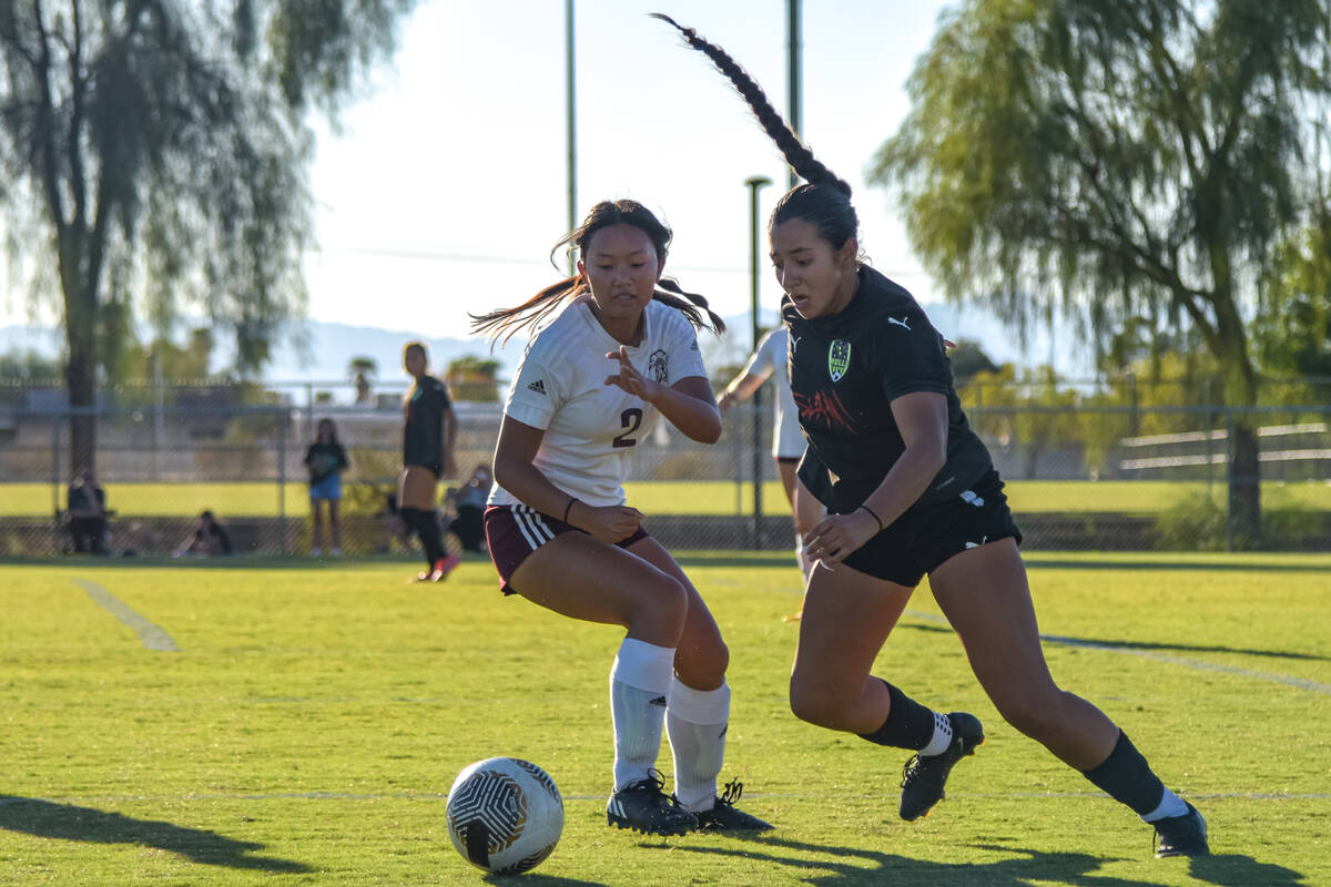 Trojans Carlyn Cabajar Williams (2) (left) attempts to stop a SLAM player from scoring in a clo ...