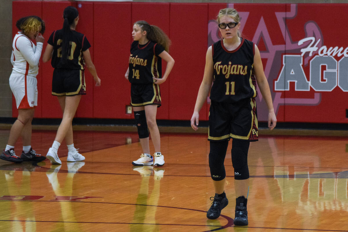 Pahrump Valley’s junior Savannah Thompson (11) sets up to confront the Arbor View Aggies ...