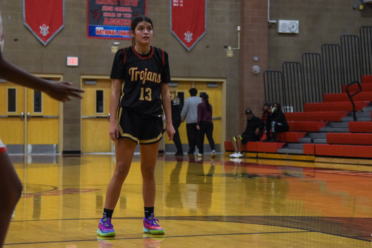 Pahrump Valley’s senior Ryleigh Denton (13) sets up to make her free-throws against the ...