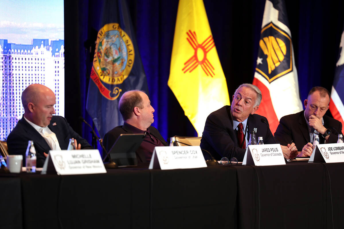 Utah Gov. Spencer Cox, from left, Colorado Gov. Jared Polis, Nevada Gov. Joe Lombardo and Hawai ...