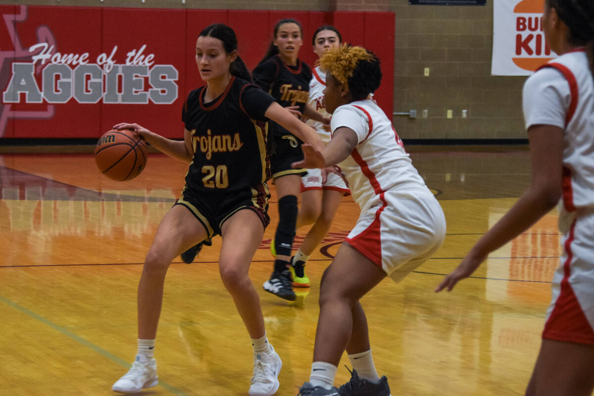 Pahrump Valley’s sophomore Riley Saldana (20) blocks against the Arbor View Aggies as sh ...