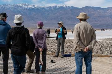 National Park Service Dr. Jennifer Scully leads a field program at Badwater Basin discussing ho ...