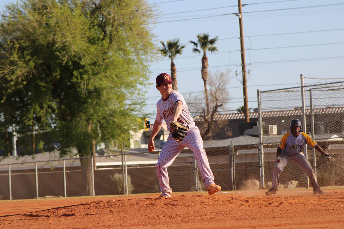 Jacob Powers/Pahrump Valley Times PVHS sophomore Aaron Rily strides out of his windup to throw ...