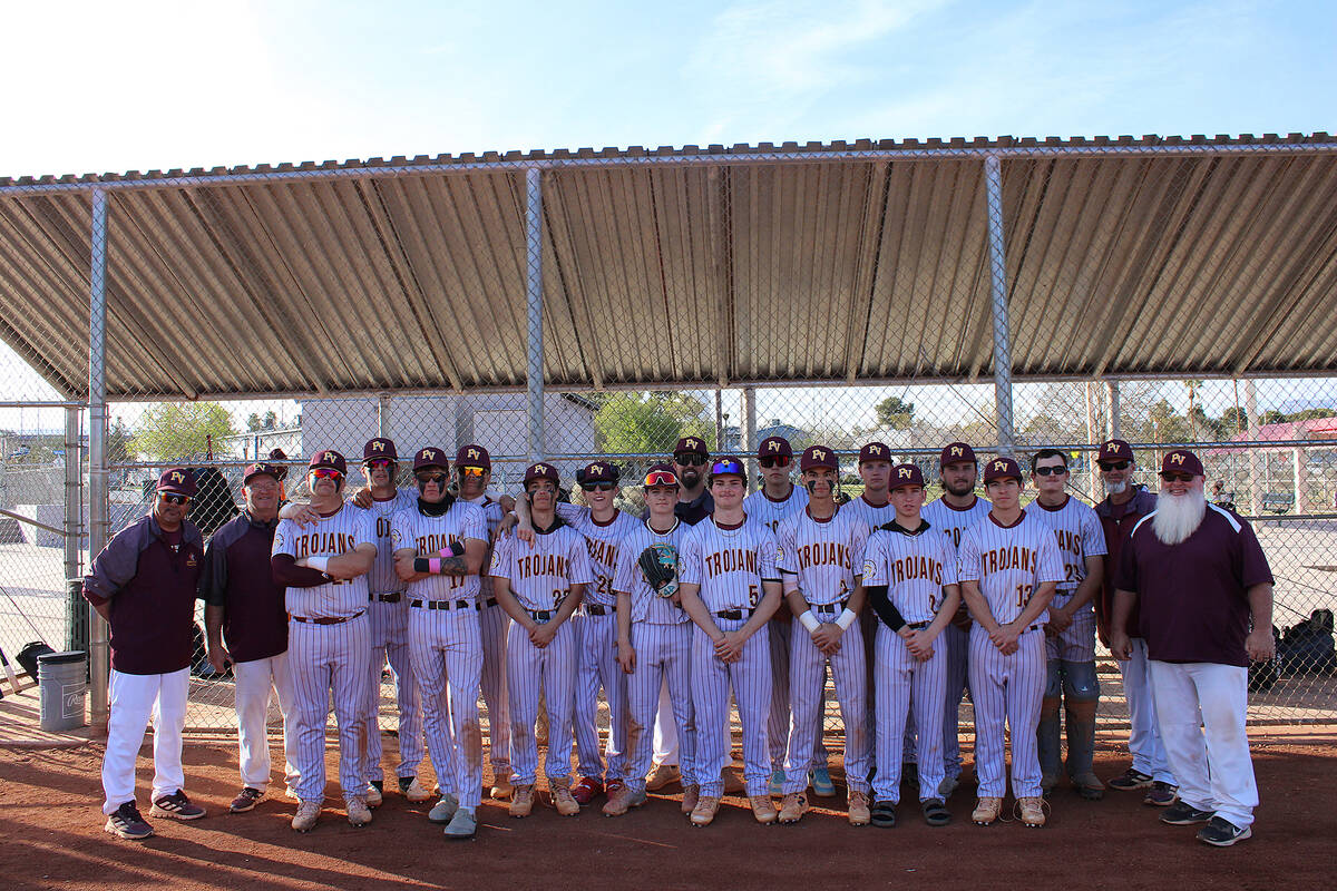 Jacob Powers/Pahrump Valley Times The 2025 PVHS Varsity Baseball team gathers after a win versu ...