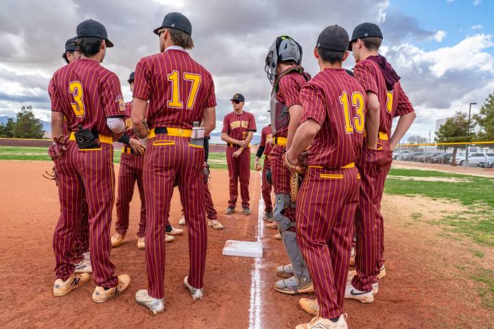 John Clausen/Pahrump Valley Times The PVHS varsity baseball team huddles up before their home ...