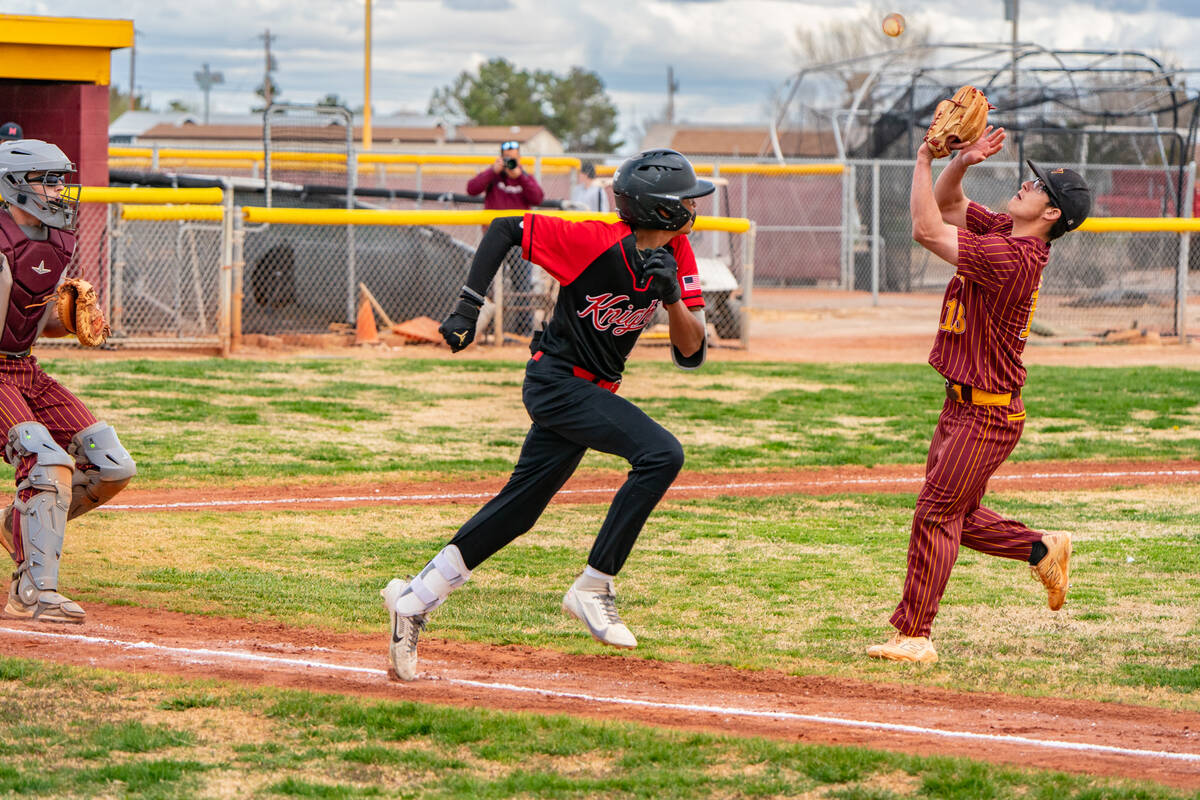 John Clausen/Pahrump Valley Times PVHS pitcher Dominik Wilson comes off the mound to catch an ...