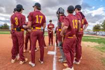 John Clausen/Pahrump Valley Times The PVHS varsity baseball team huddles up before their home ...