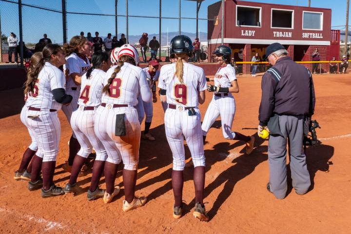 John Clausen/Pahrump Valley Times Sophomore Evalenne Armendariz is celebrated by her team as s ...