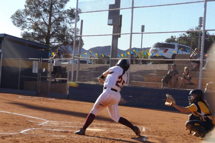 Charlotte Uyeno/Pahrump Valley Times Dannika Cox-Hosino (25) was up to bat as the Lady Trojans ...