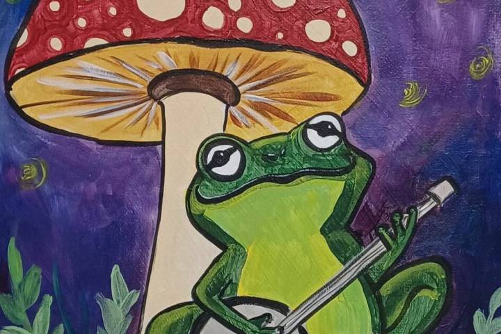 Whimsical froggies always play their banjos when the sun goes down. Paint yours Saturday under ...