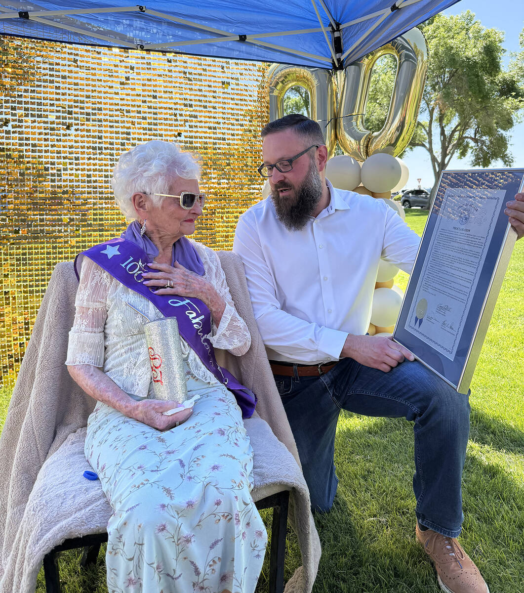 Nevada Assemblyman Greg Hafen II presented B.J. Hetrick-Irwin with an official state proclamati ...