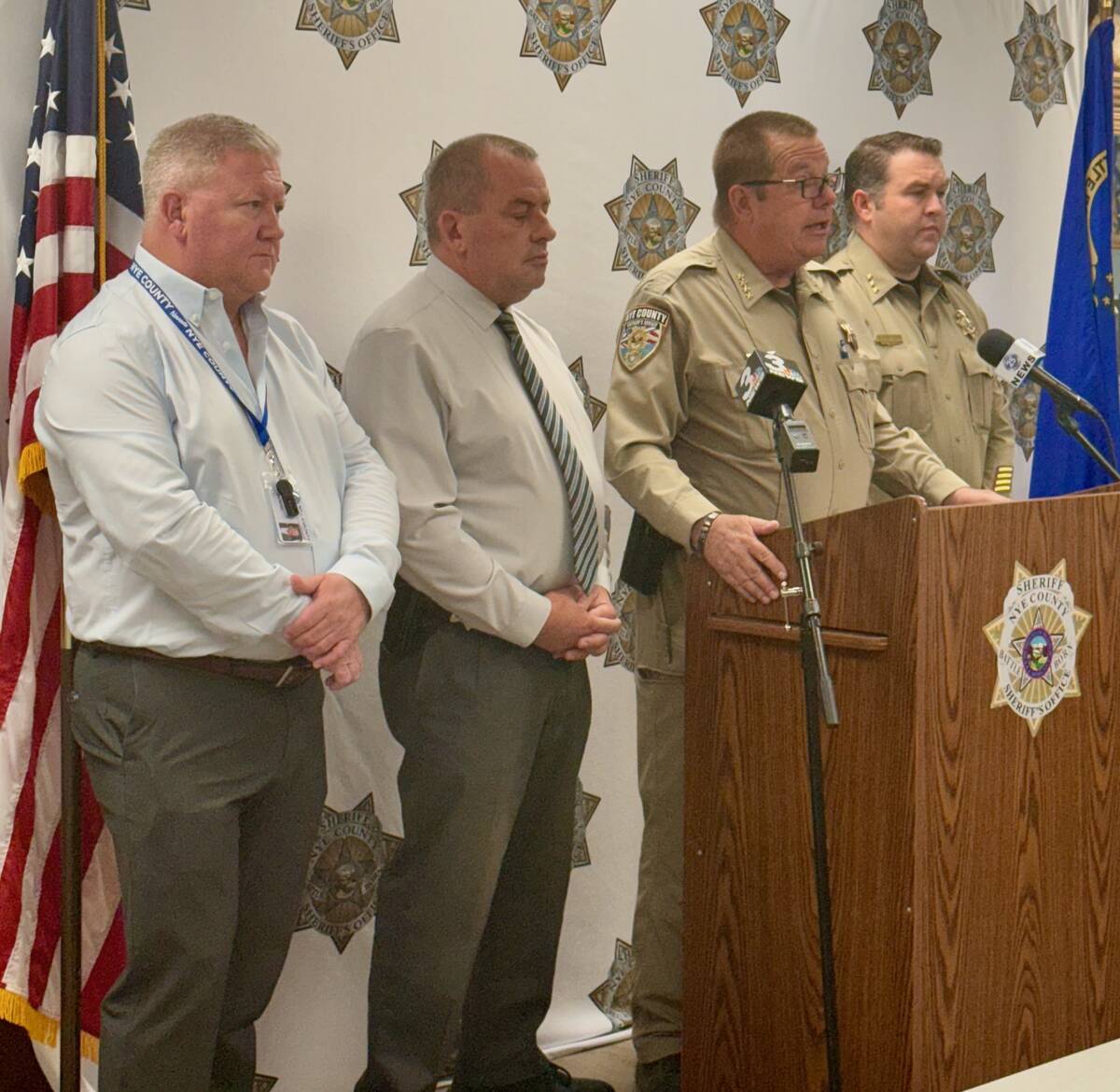 Sheriff Joe McGill and other Nye County officials address the media on Monday, July 7, at the N ...