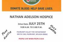 Nathan Adelson Hospice hopes for 32 people to donate blood at their Friday, July 25 blood drive ...