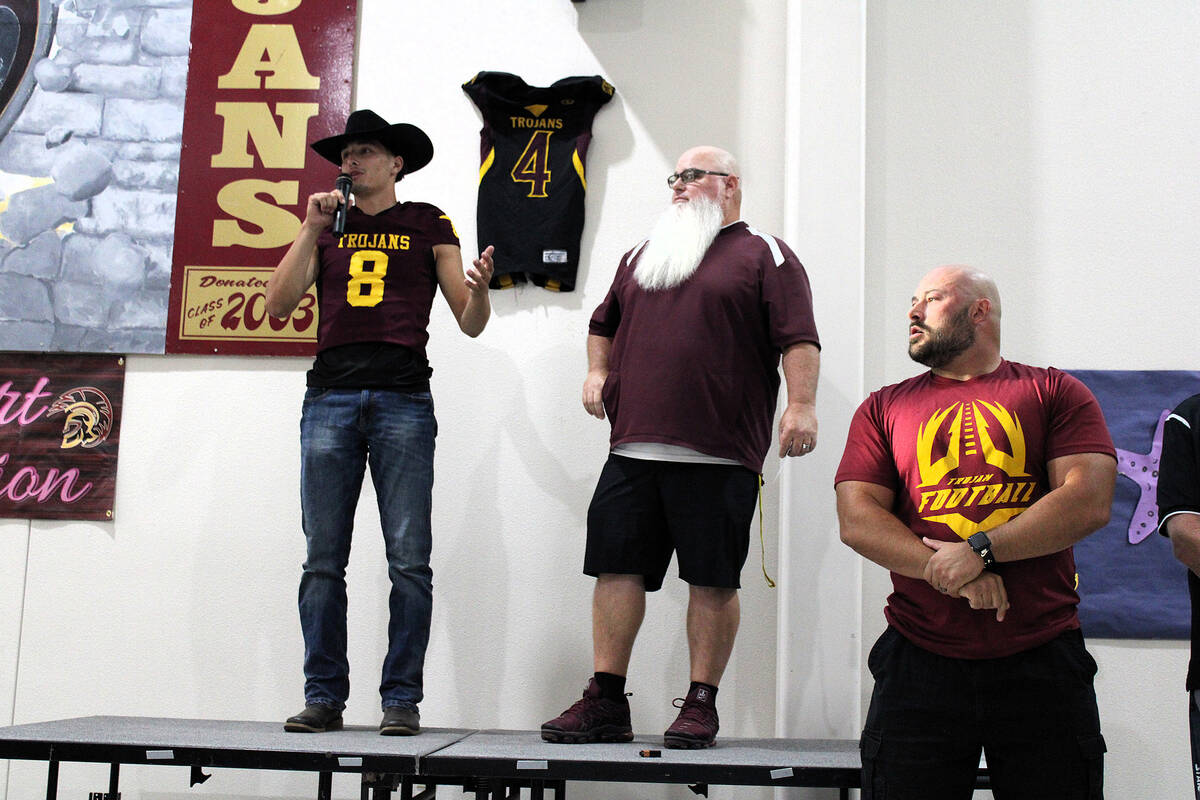Incoming senior quarterback Kayne Horibe gives a quick pump-up speech during the Spaghetti Dinn ...