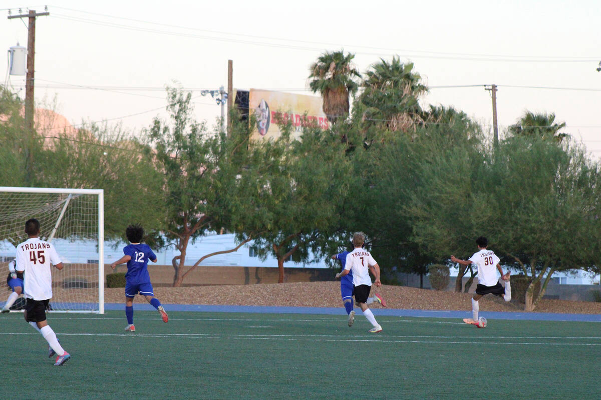 Pahrump Valley High School varsity soccer sophomore midfielder Roberto Gonzalez gears up for a ...