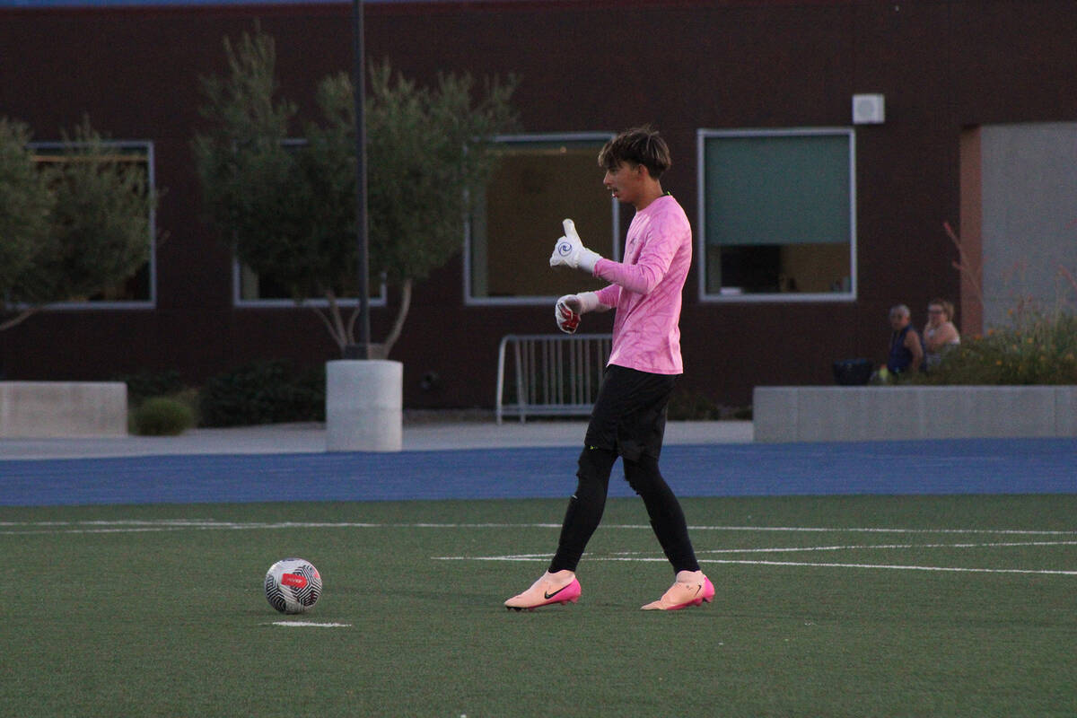 Pahrump Valley High School varsity senior goalkeeper Cayden Cowley prepares to kick the ball ou ...