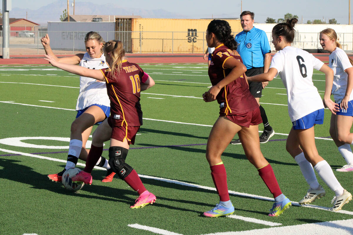 Pahrump Valley High School girls soccer senior co-captain Aubrey Williams attempts to gain cont ...