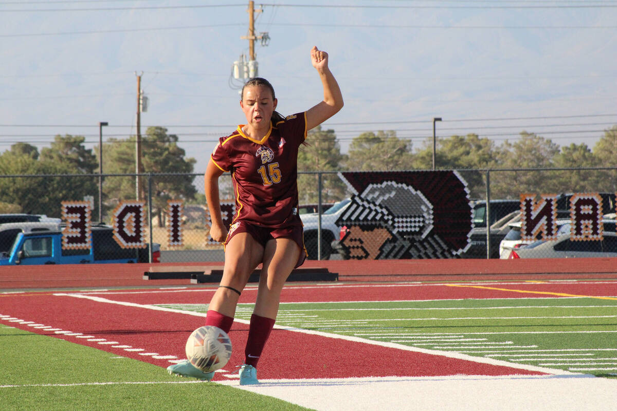 Pahrump Valley High School girls soccer sophomore Cindal Monahan prepares to free kick the ball ...