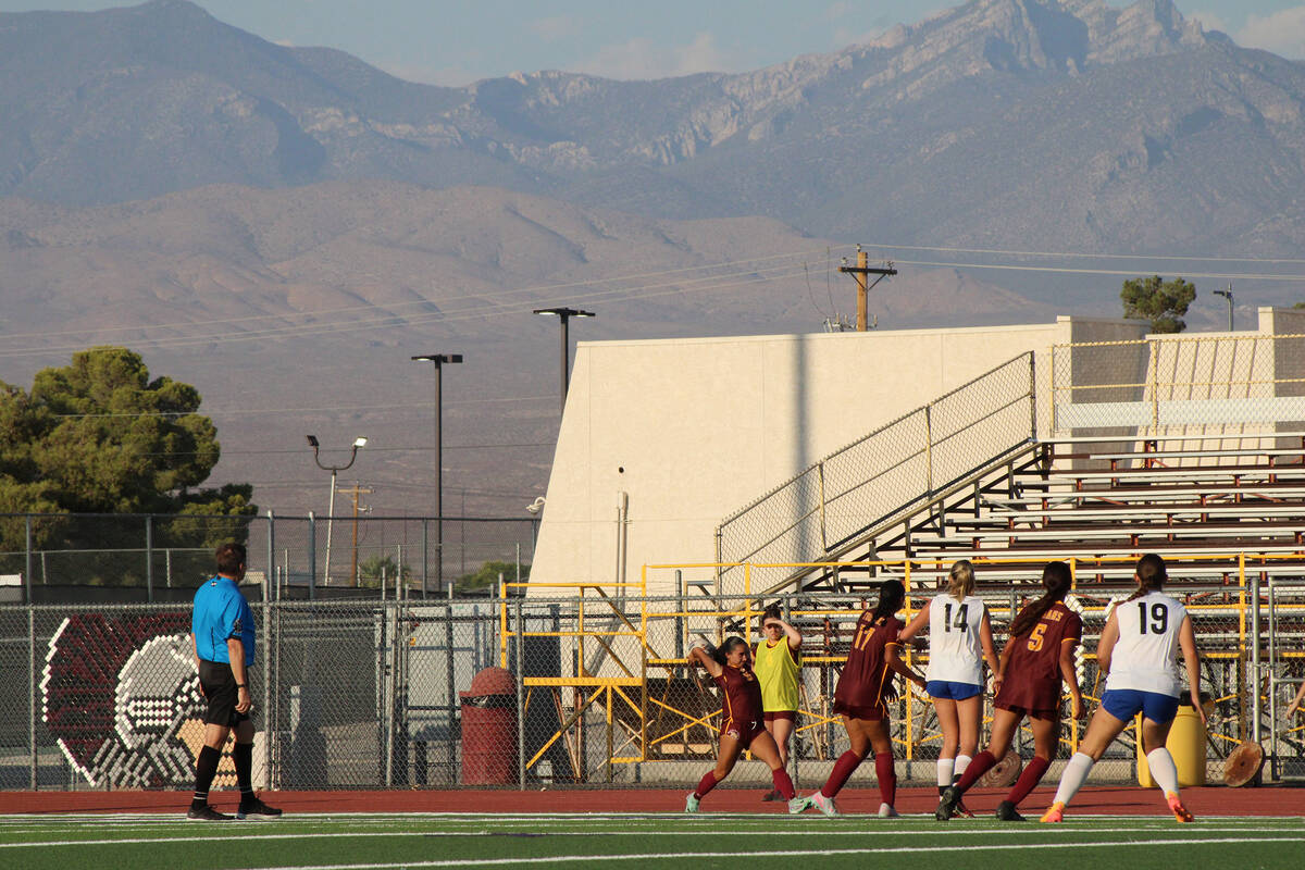 Pahrump Valley High School girls soccer senior Natalia Vallin throws the ball back into play in ...